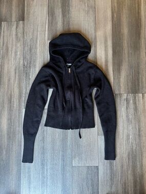 Fashion Nova Black Zip Front Hooded Knit Jacket